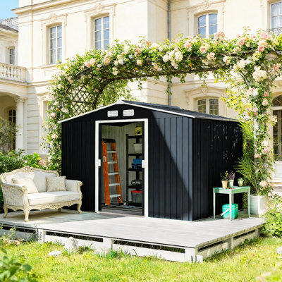 Remise de jardin spacieuse en métal avec trousse de fondation, portes coulissantes doubles et 4 évents pour la circulation de l'air, tondeuses à gazon de rangement appropriées, L 109 po x l 76,8 po H 75,5 po