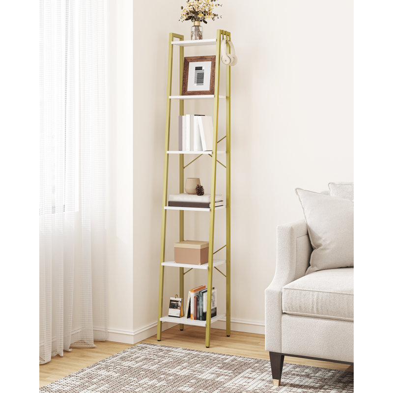 Ladder Shelf, Bookshelf Bookcase, Freestanding Corner Storage Shelve with 2 Hooks for Home Office, Living Room, Kitchen, Bedroom, Industrial