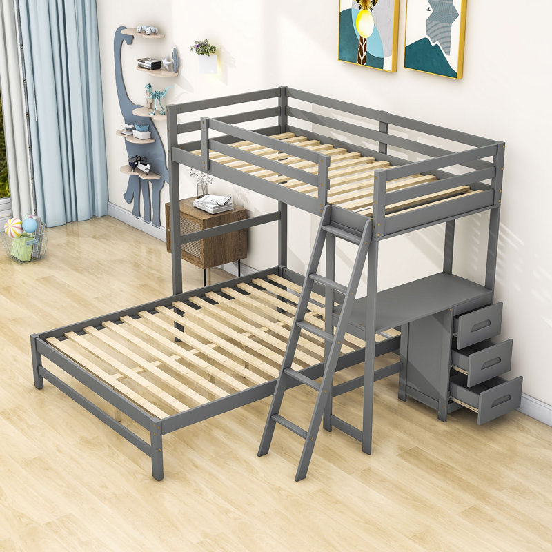 Eyvette Kids Twin Over Full Bunk Bed with Drawers, Gray