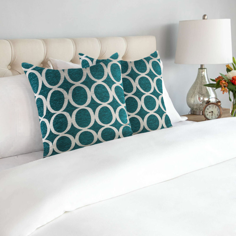 Broward Geometric Square Cushion, Teal/Cream