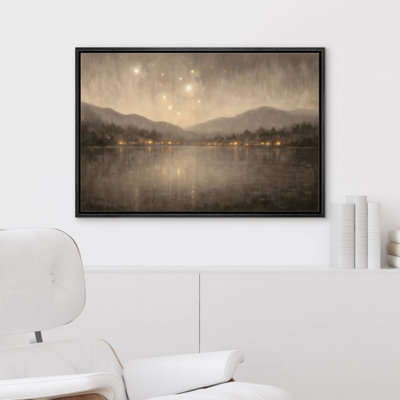 «Golden Night Lake with Mountains and Glowing Lights», reproduction d'art sur toile encadrée dans la chambre principale
