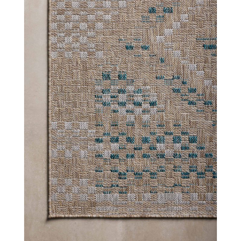 Natural and Aqua Geometric Synthetic Indoor/Outdoor Rug 6'7" x 9'4"