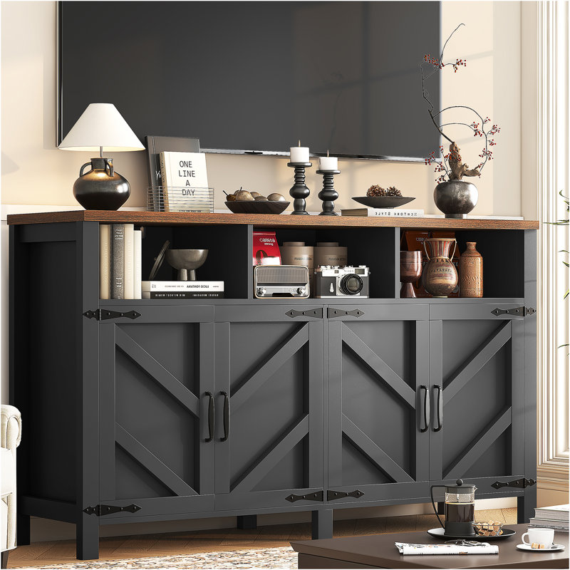 55" Large Buffet Sideboard with 4 Doors, Farmhouse Kitchen Storage Cabinet with Adjustable Shelves, Wooden Cabinet Sideboard and Coffee Bar Cabinet Table for Dining Room, Entryway, Black