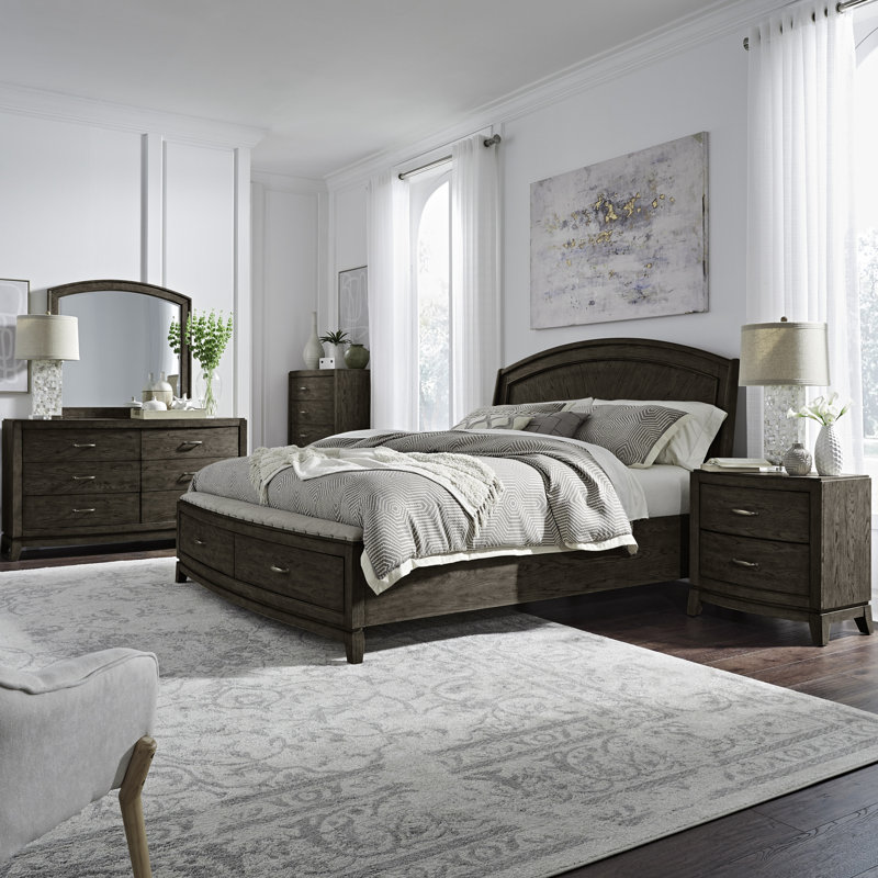 Ensemble de chambre à coucher avec lit à panneaux, commode et miroir, commode et deux tables de chevet Drelan, Très grand