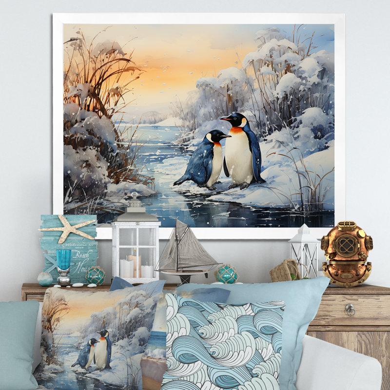 " Penguins Winter Symphony ", White Picture Frame, 34" H x 44" W x 1.5" D