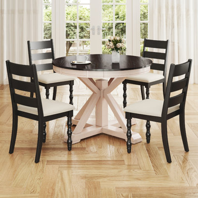 5-Piece 42'' To 54'' Round And Oval Extendable Mid-Century Rustic   Dining Set With Upholstered Ladder Back Chairs, Farmhouse Kitchen Table Set, Fit For 4 People