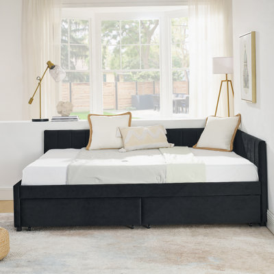 Upholstered Tufted Bed With Two Drawers,Comfortable Backrest And Armrests