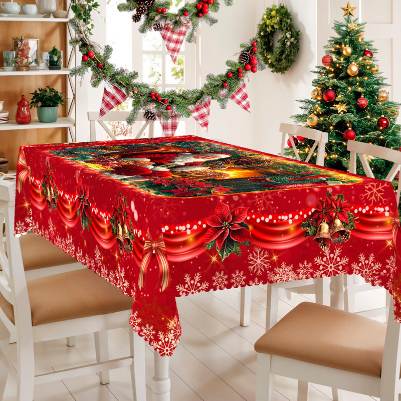 1pc round/rectangular polyester tablecloth, Christmas tablecloth with pine, snowman, truck, embosed edge, Christmas decorations for dining table, festival party holiday table decoration, festival gift
