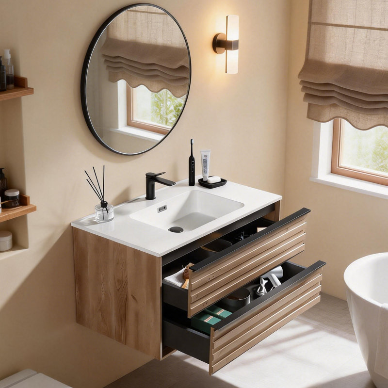 Ebern Designs Wall Mounted Floating Bathroom Vanity with Sink, 2 Extra Big Drawers, Golden Oak, 35"