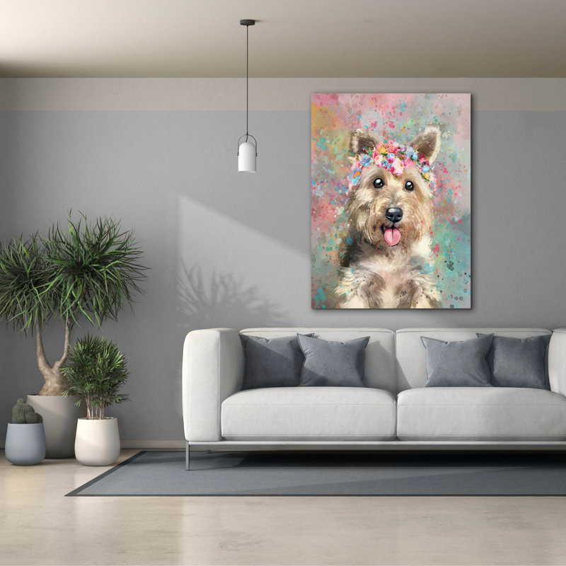 «Flower Crown Yorkshire Terrier» par Furbaby Affiliates, art mural sur toile, H 54 po x l 40 po x P 1,5 po