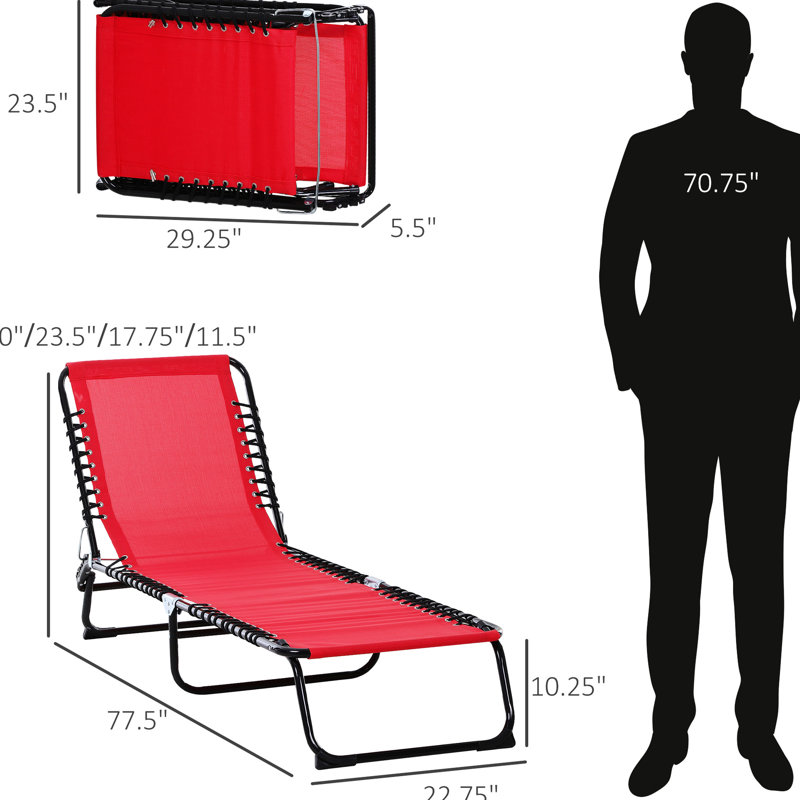 Folding Beach Chair Lounge. 4 Reclining Back, Breathable Mesh & Bungee Seat. Red Outdoor Sun Tanning Chair. Adjustable , Pillow. For Pool, Beach.