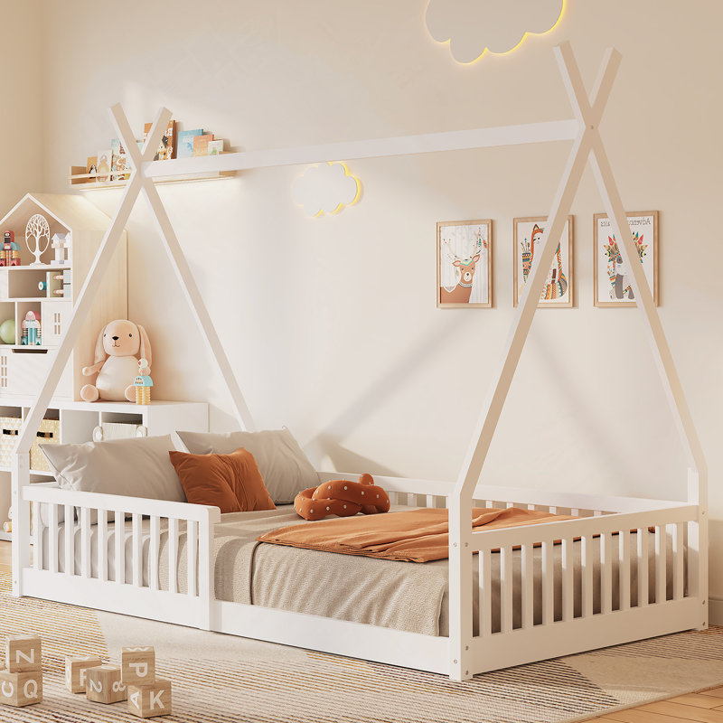 Lit simple en bois avec clôture, blanc, White