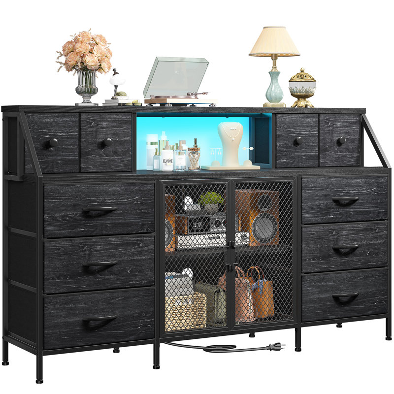 55"W 10 Drawer Dresser For Bedroom With Mesh Door, Led Light & Power Outlets, Black