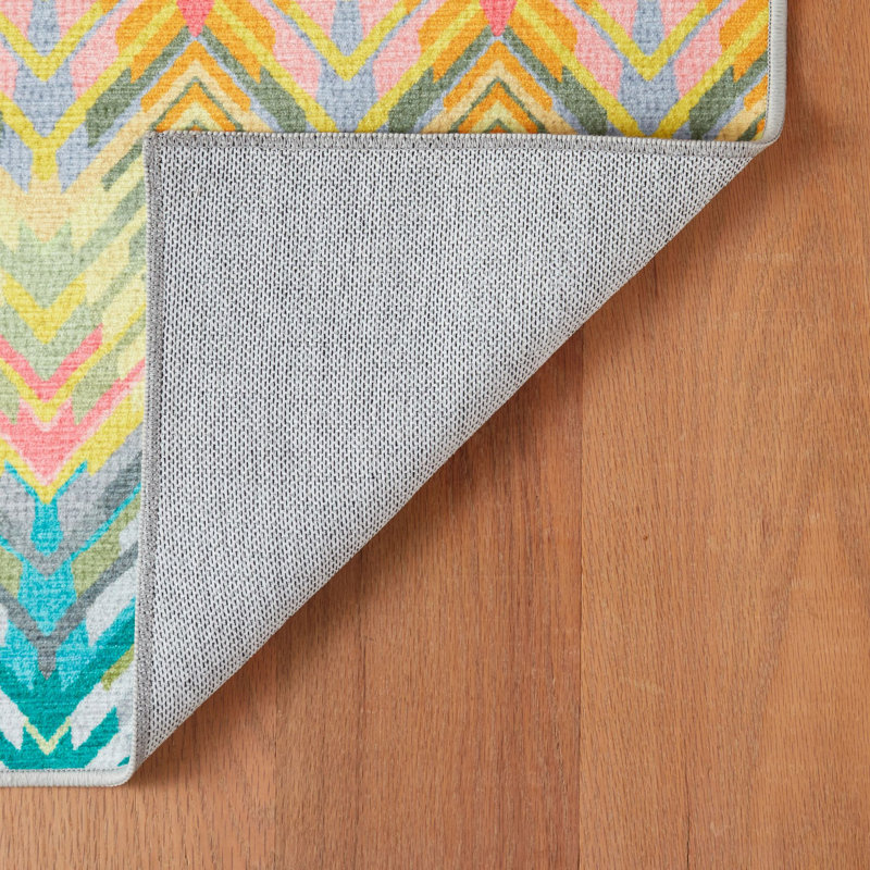 Seneca Machine Printed Polyester Chevron Area Rug in Turquoise/Red/Yellow, Rectangle 2' x 3'