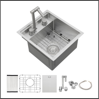 Évier de cuisine encastrable 15 po avec robinet pliant 15 po - éviers de cuisine en acier inoxydable de calibre 16 à cuve simple 15 po x 17 po