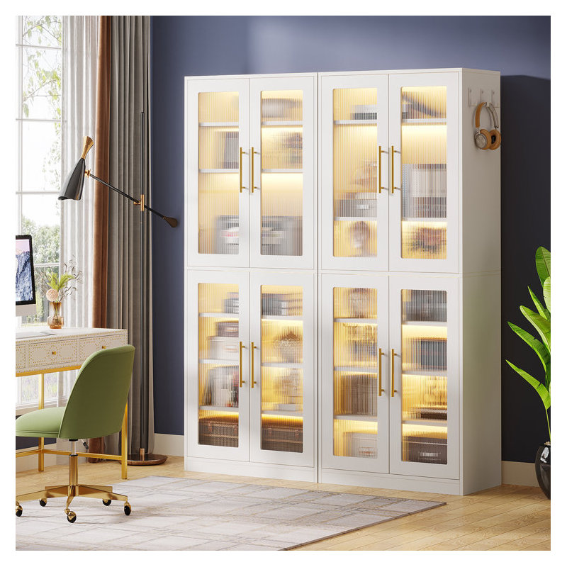 Tall Bookcase with Doors and LED Light, White