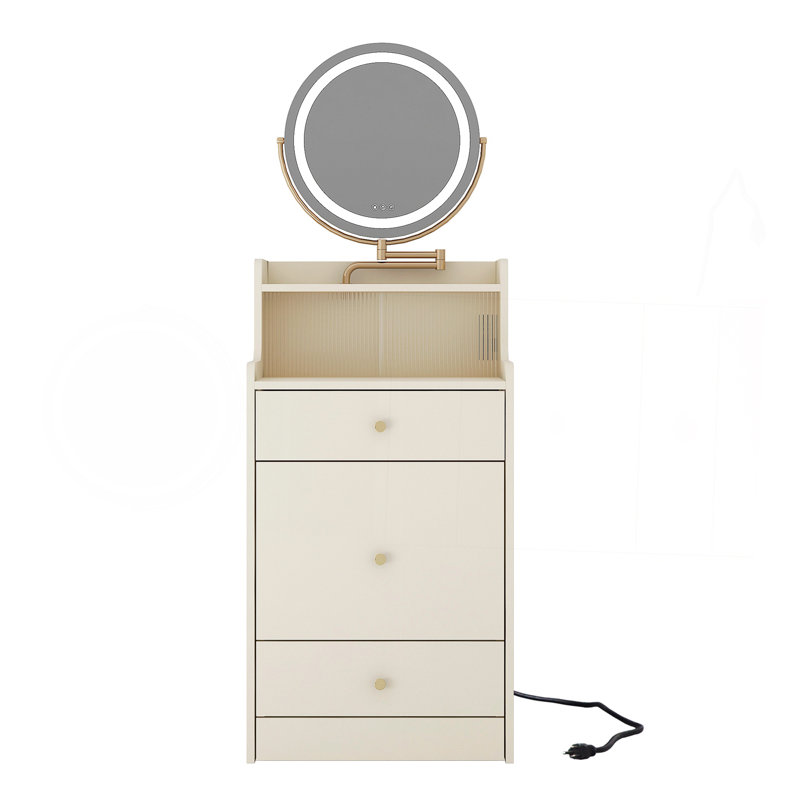 Ensemble de coiffeuse 3 en 1 avec miroir et lumière, petit ensemble de coiffeuse avec station de recharge, 2 tiroirs et espace de rangement ouvert, avec tabouret rembourré, bureau de coiffeuse compact