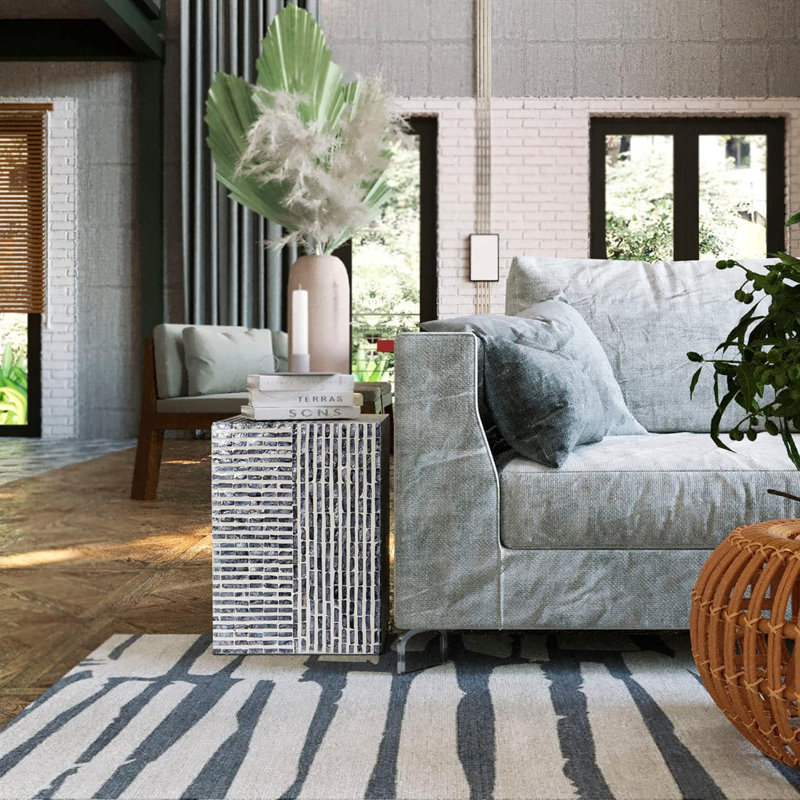Handcrafted Capiz Shell Mosaic Drum End Table - Modern Boho Accent Table For Living Room, Bedroom, Or Patio