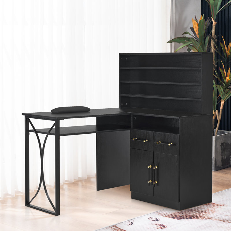 Tashanda L-Shaped Nail Desk, Modern Corner Desk with Hutch and Drawers, Black