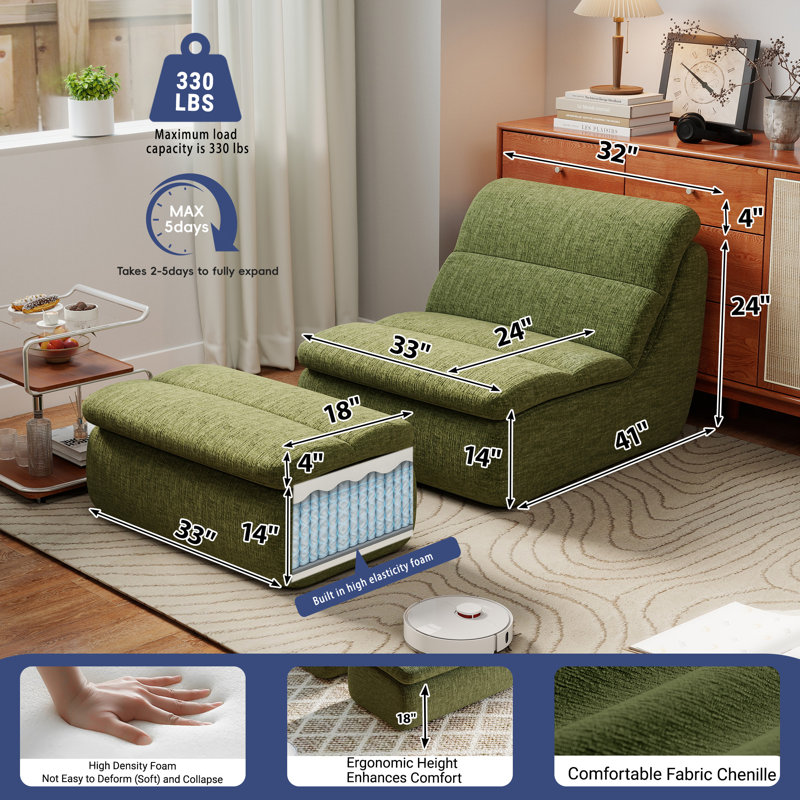 33"Compression Chenille Memory Foam Accent Chair And Ottoman Set - Armless Frameless Lounger Sofa with Deep Seat No Assembly Required