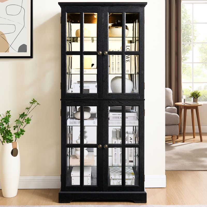 Vintage Black Glass High Cabinet With Classic Grid Design, Adjustable Shelf Space, And Included Lighting For Living Room Interior Shelving, Home Showcase