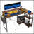 Reversible L Shaped Desk with Storage, Power Outlets, and LED Light for Modern Workspaces, Rustic Brown