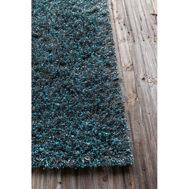 Belliveau Authentic Hand-Woven Handmade High Pile Modern Mixed-Media Blue, Brown & Black Shag Polyester Area Rug, Blue