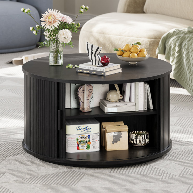 31.5" Modern Round Coffee Table With 360° Curved Sliding Door, Black