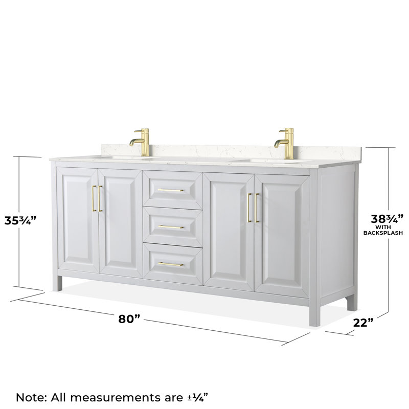 Daria 80'' W Double Vanity, Brushed Gold, Carrara Cultured Marble, White