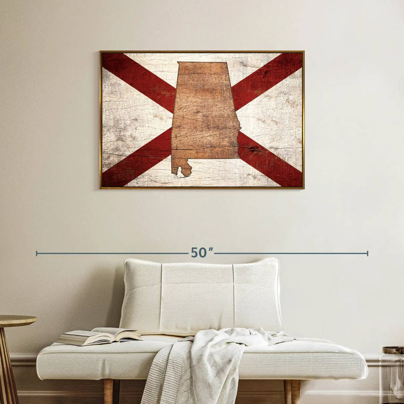 Carte d'État sur le drapeau de l'Alabama, Cadre flottant doré, 37 po x 25 po