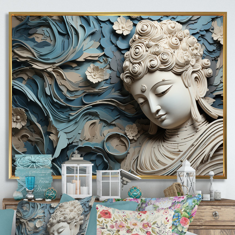 Statue religieuse bouddhisme I - décoration murale bouddhisme, Cadre flottant doré, H 12 po x l 20 po x P 1 po