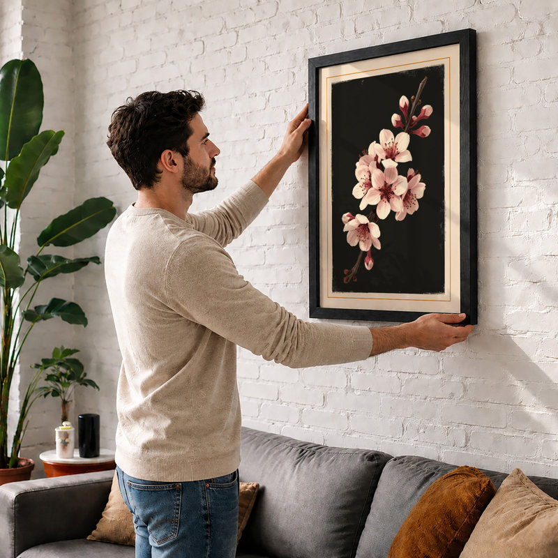 Moonlit Cherry Blossom Botanical - Framed Print, A4 - 29.7 x 21.0 cm, White