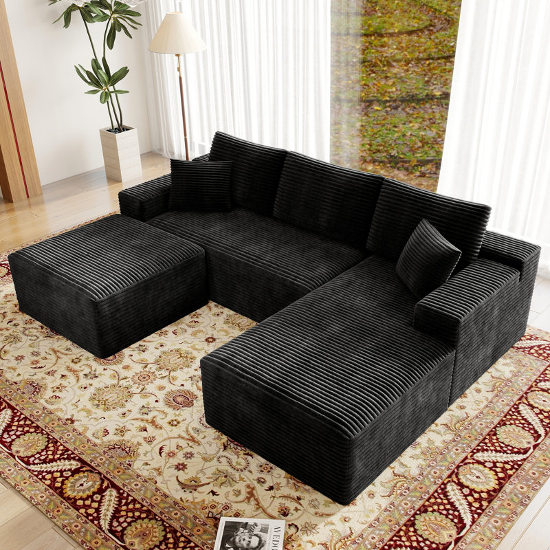 Koli Boneless U-shaped Cloud Sectional Sofa Couch, Compression Modular Sofa, Corduroy, Black Velvet, Right Hand Facing
