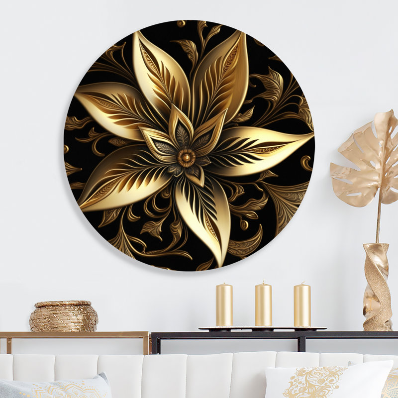 Lys doré III - lys floral rond, art mural sur métal, L 36 po x H 36 po