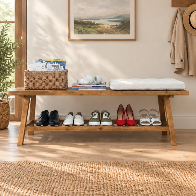 Banc de rangement de style champêtre en bois massif avec tablette ouverte