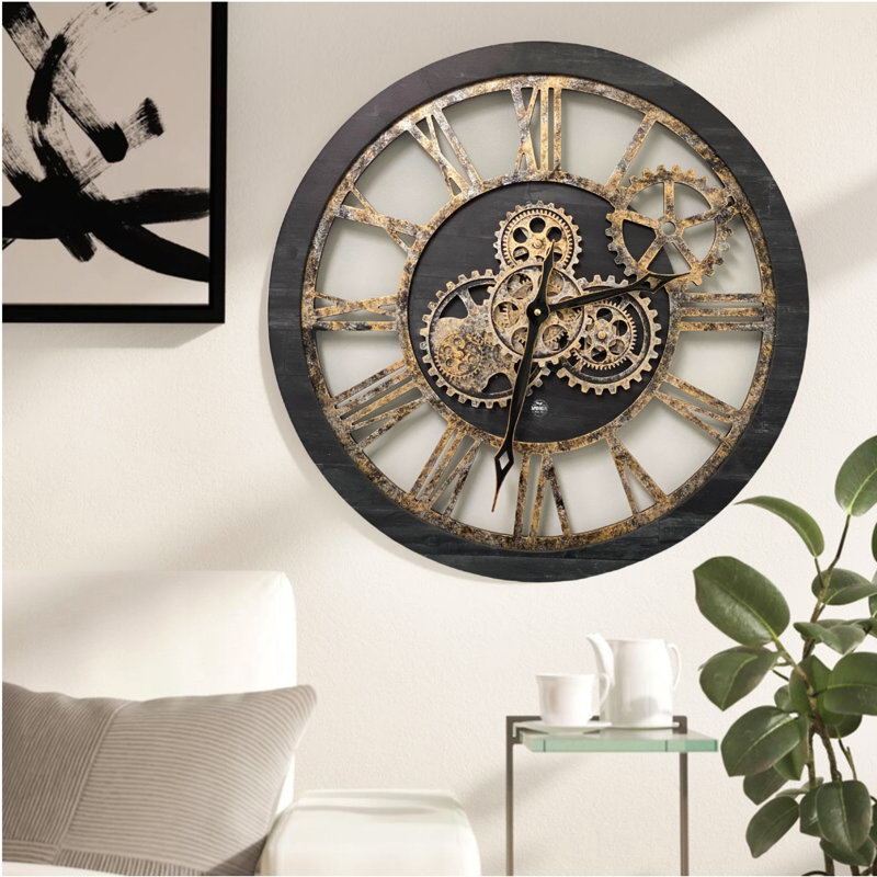 Vintage Black 24-Inch Industrial Wall Clock with Moving Gears
