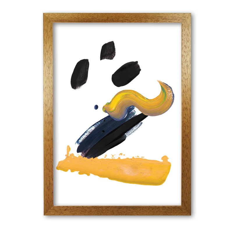 Mustard And Black Abstract Paint Strokes - Single Picture Frame Print, Honey Oak Frame, 42 cm H x 30 cm W x 5 cm D