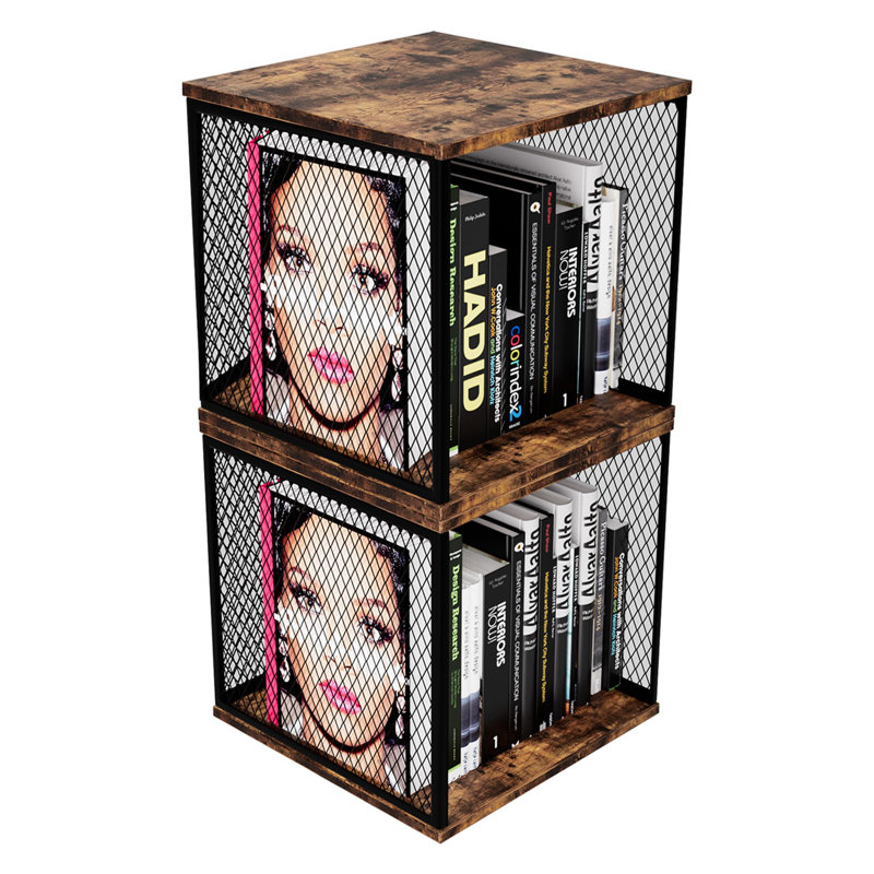 2 Compartment Storage Organizer, DIY Variable Stackable Wood And Metal Cube Shelves, Brown