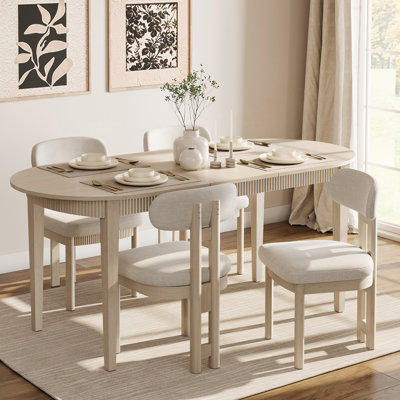 Ensemble de 4 chaises de salle à manger de style Mid-Century moderne, chaises de cuisine en tissu de polyester avec pieds en bois massif et tablier cannelé, chaises sans accoudoirs avec dossier incurvé pour salle à manger, salon