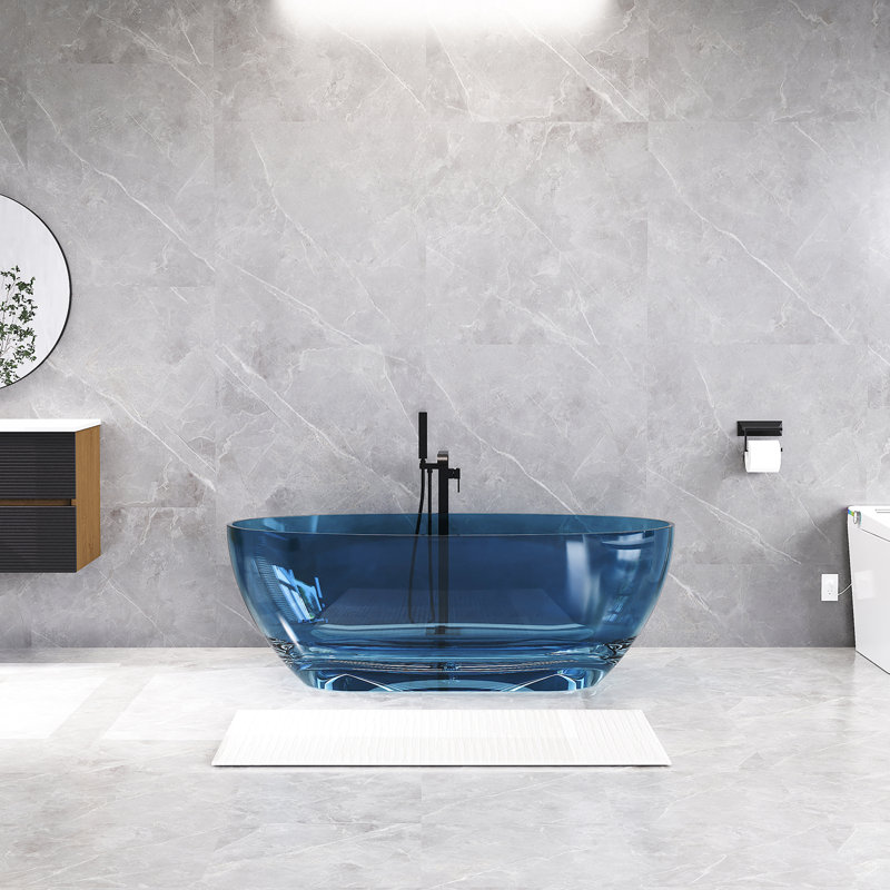 62.99 In. X 28..22 In. Acrylic Flatbottom Freestanding Soaking Bathtub With Drain, Transparent Blue