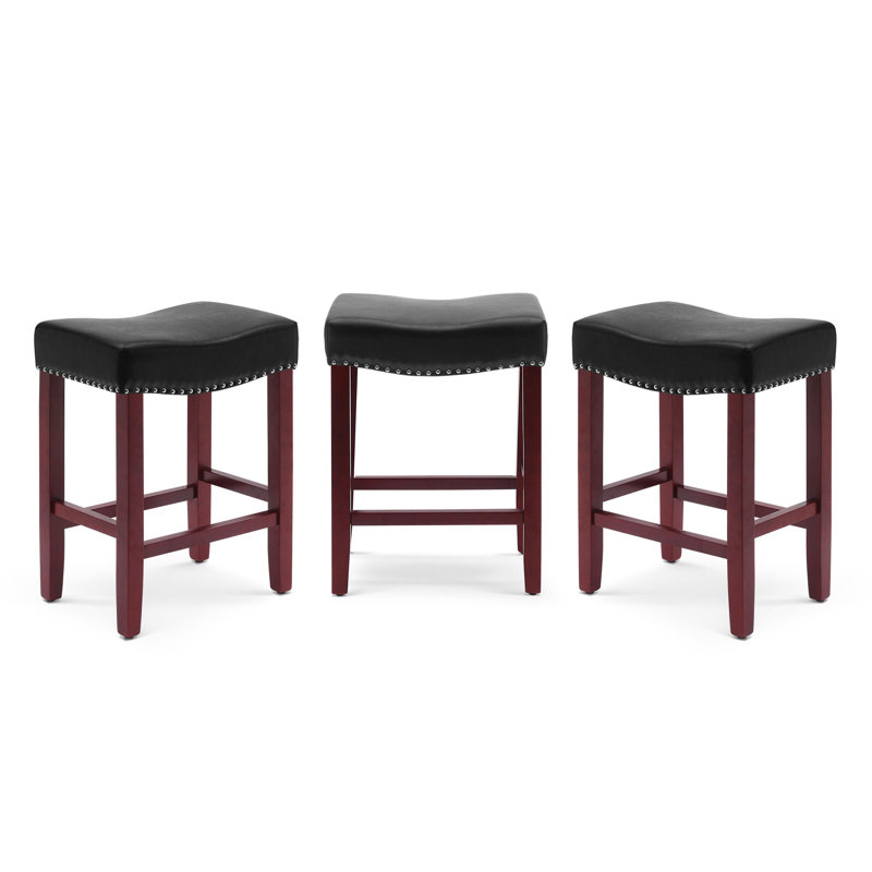 Jameson Upholstered Counter Stool with Solid Wood Frame, Black Leather/Red Frame, Counter Stool (24” Seat Height)