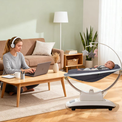 Balançoire pour bébé, balançoire électrique pour nouveau-né et bébé, 29,3 po Long, 31,5 po Grand, tube en aluminium et base en plastique, housse en tricot, 23,2 lb, pour chambres à coucher ou salons, gris clair
