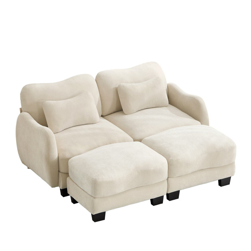 Canapé modulaire en chenille 70,8 po avec coussin et repose-pieds mobile, Beige Chenille