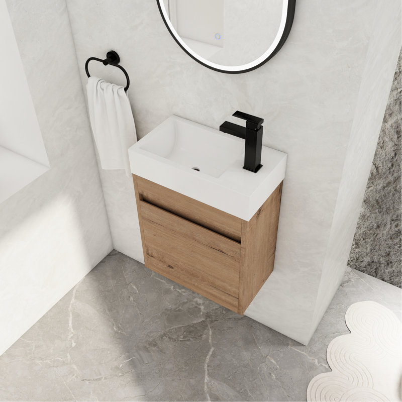 Meuble-lavabo moderne de 18 po avec lavabo en résine et porte à fermeture douce, rangement pratique, couleur chêne imitation 18 po, lavabo, remodelage