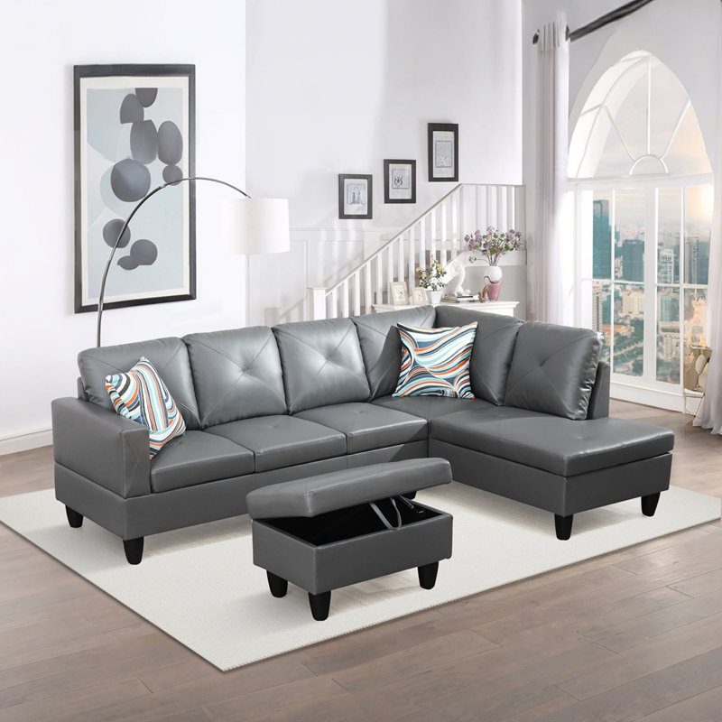 Ronan Faux Leather L-Shaped Sectional Sofa With Chaise And Storage Ottoman, Gray, Right Hand Facing