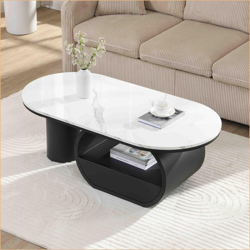 Table basse moderne en pierre frittée avec rangement caché & amp; 3 repose-pieds gigognes, placage de noyer, peu encombrant pour le salon