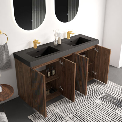 60" Bathroom Vanity with Black Quartz Double Sink Set Large Bathroom Storage Cabinet with 4 Door Shelf Storage and 2 Open Shelf in Walnut Brown Unassembled