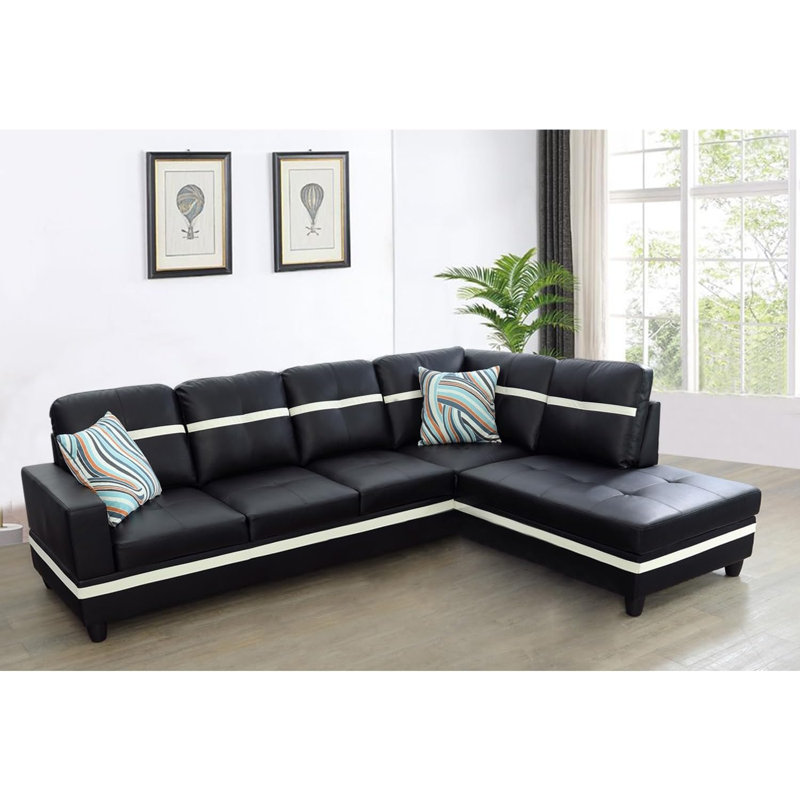 Bawan Faux Leather L-Shaped Sectional, Right Hand Facing, Black/White Faux Leather