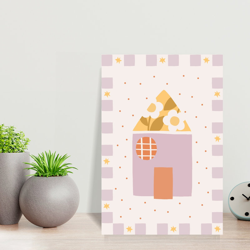 Mignonne maison de fleurs ludique fantaisiste, lavande abstraite, impression d'art mural, 18" H x 12" W