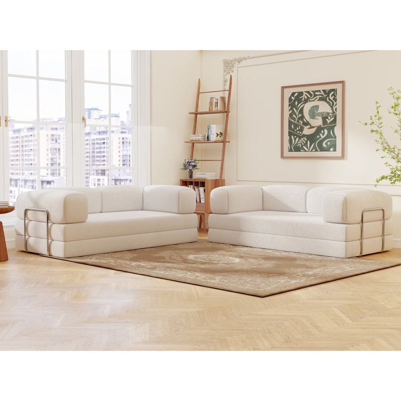 78.74" Wide Foldable Convertible Compression Sleeper Sofa Bed with High-Density Foam and Removable Mattress (Set of 2), Beige